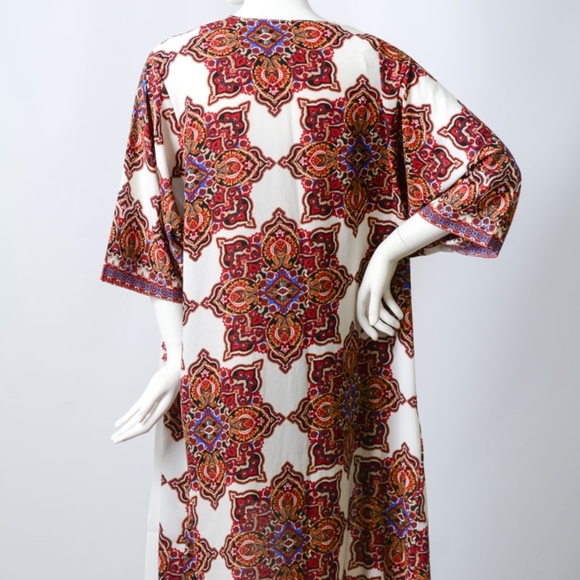 Long Line Moroccan Print Kimono Fall Floral White - Picture 6 of 7